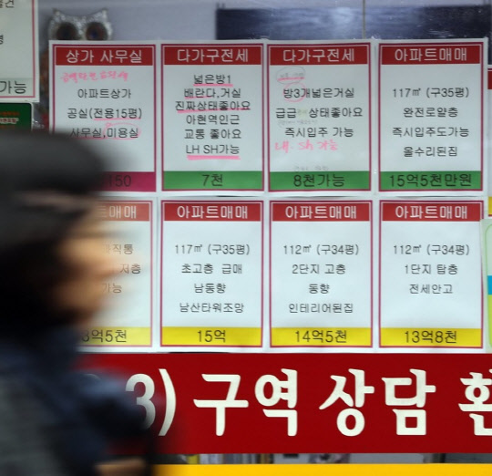 서울 마포구 한 공인중개사무소 앞을 시민이 지나고 있다.  마포구의 한 단독주택의 경우 공시가격이 작년 6억400만원에서 올해 6억8000만원으로 오르면서 보유세는 149만1000원에서 177만4000원으로 18.9% 오른다.<연합뉴스>